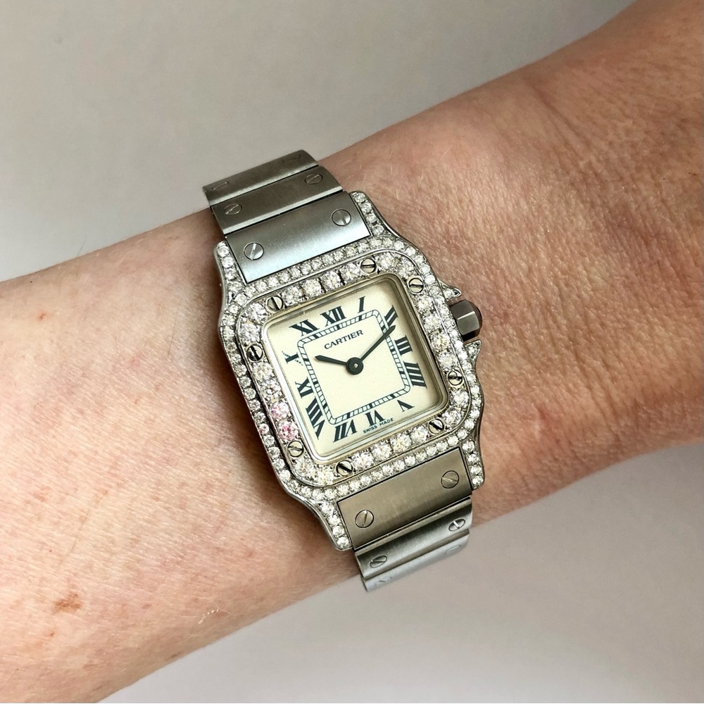 CARTIER SANTOS GALBEE 24mm Quartz Steel 1.09TCW Diamond Watch Blue Numerals - Picture 2 of 7